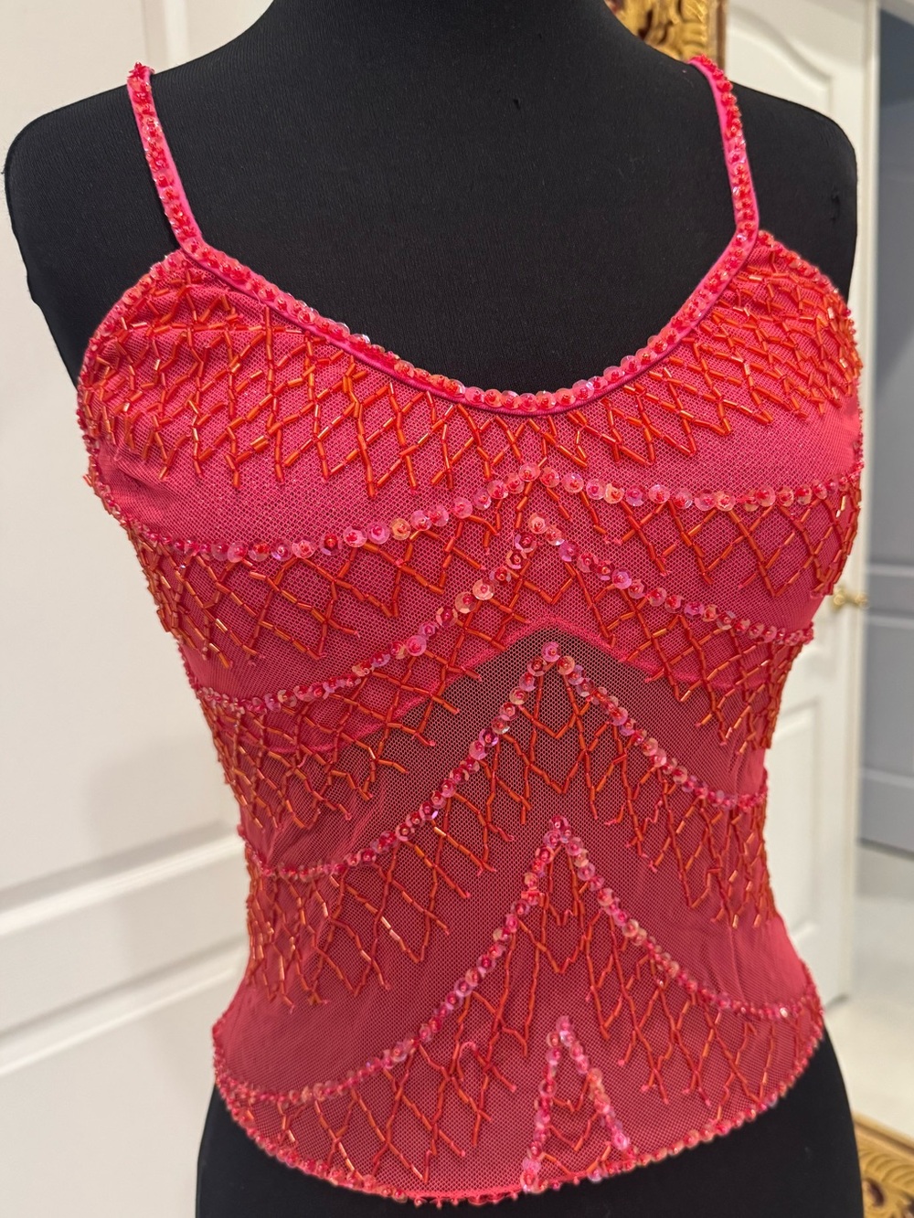 Pink Sequin hand beaded stretch Mesh Cami Top size M. NWT. Attitudes by Debra